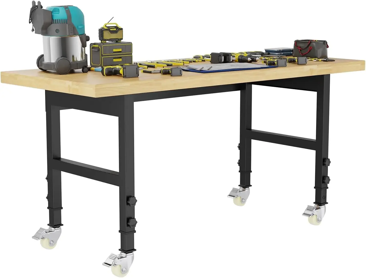 60'' Adjustable Workbench, Solid Wood Work Bench Table with Wheels and Power Outlet, Rolling Workbench Large Load Capacity Garag