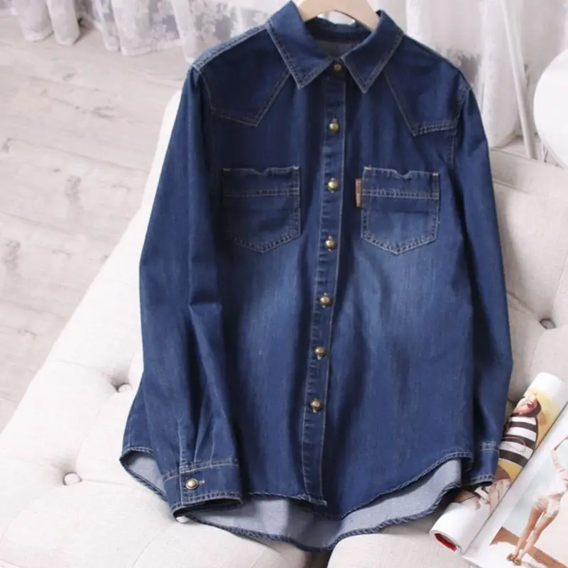 Women Denim Blouse 2025 Spring Autumn Casual Single Breasted Retro Double Pocket Blue Long Sleeve Jeans Shirts Tops