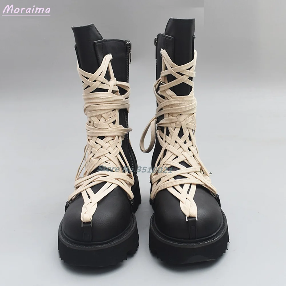 Lace-Up Round Toe Cool Boots Mid-Calf Leather Cross Strap Side Zipper Black Zipper British Style Casual Women Shoes Fashion New