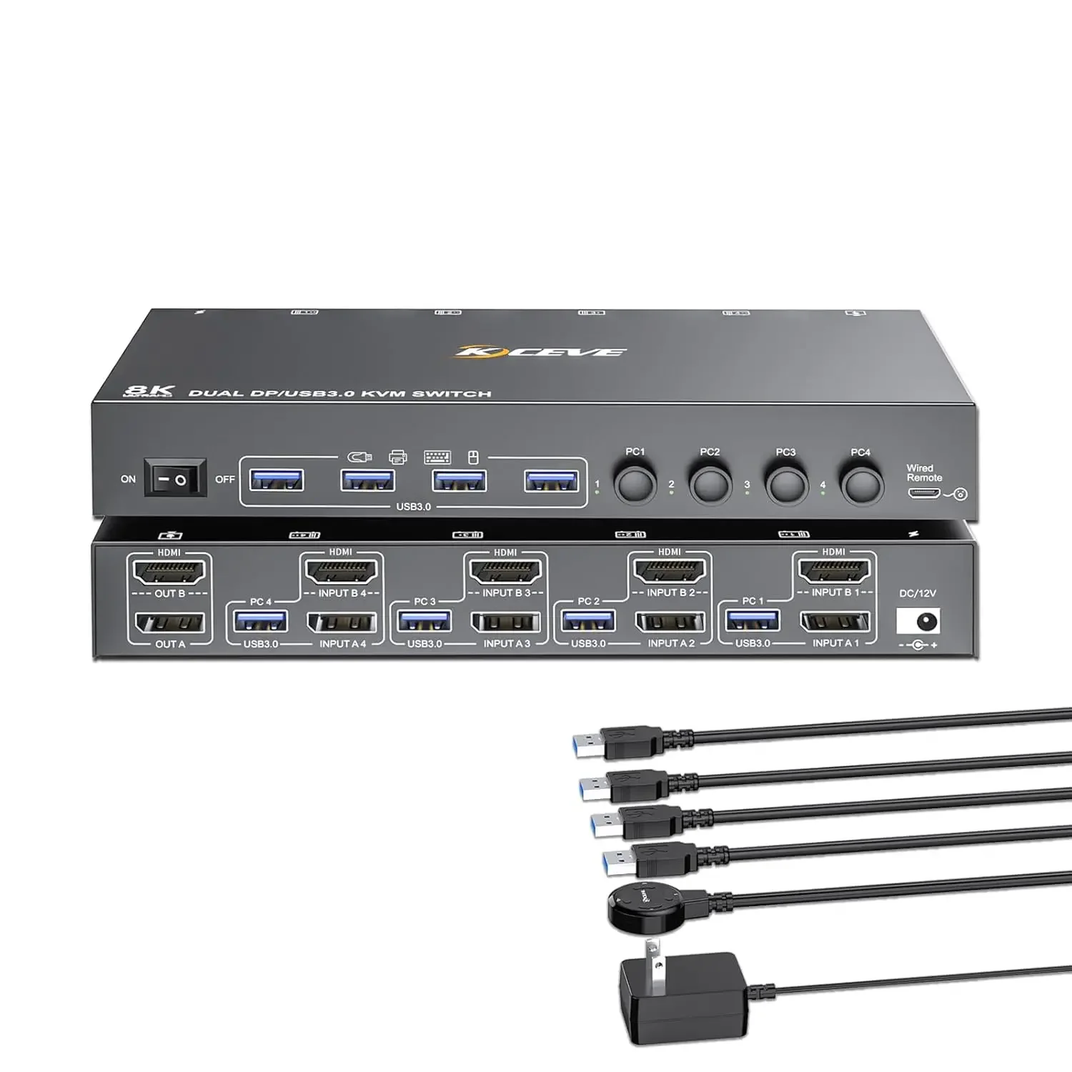 

KCEVE KVM Switch 2 Monitors 4 Computers HDMI + DisplayPort, USB 3.0 8K@30Hz/4k@144Hz Displayport KVM for 4 PC Share 2 Monitors