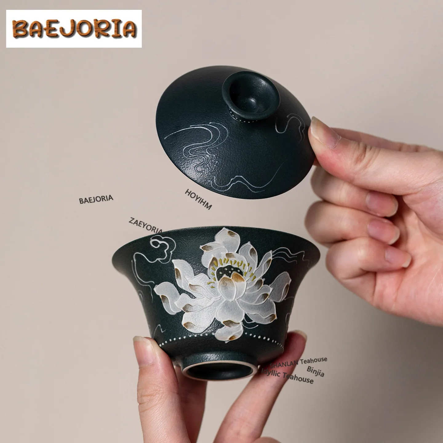 BAEJORIA 100ml Hand-painted Ink Lotus Gaiwan Japanese Tea Tureen Tea Bowl With Lid Kit Tea Brewing Cover Bowl Cafes Decoration