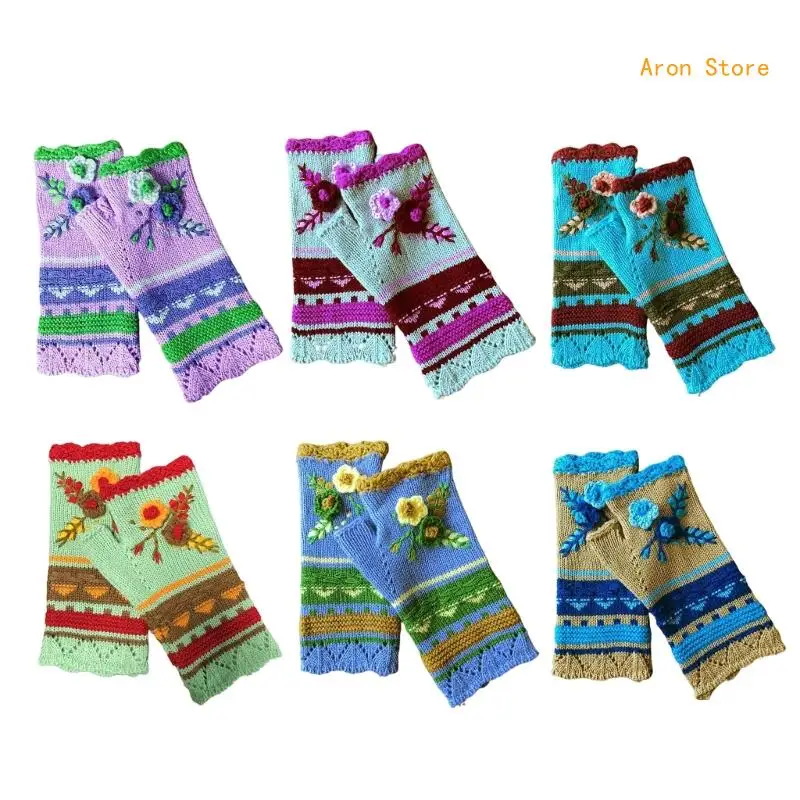 Women's Knitted Fingerless Gloves with Embroidery, Soft Winter Wrist Warmer H3CF