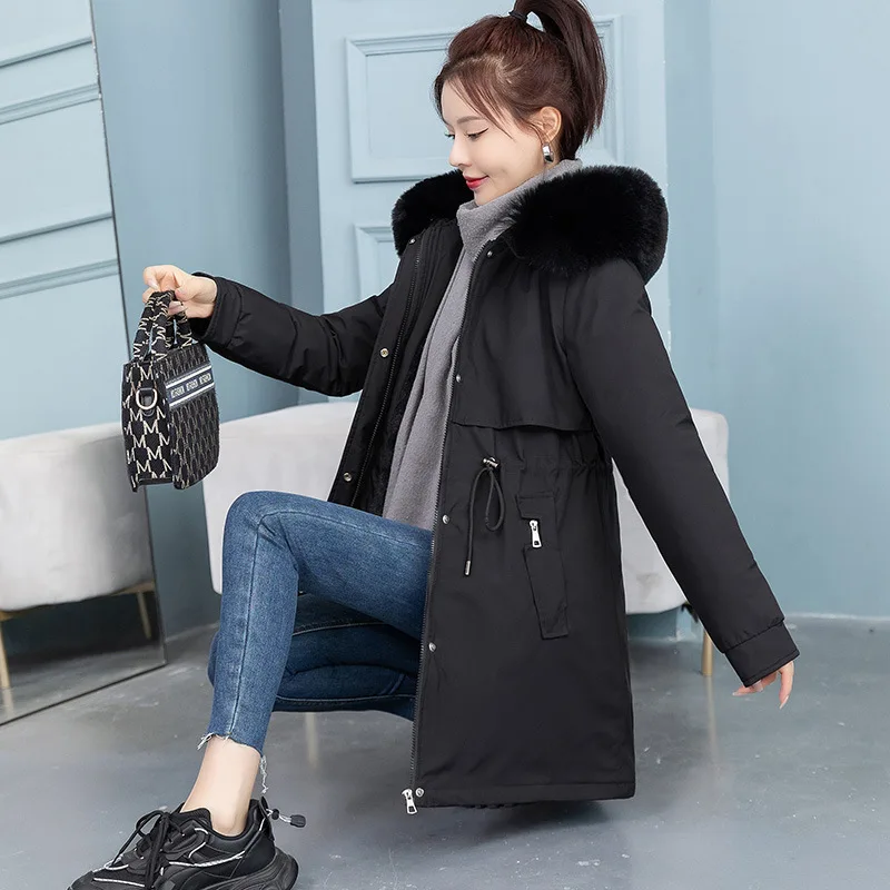 

Парка женская демисезонная, утепленная, средней длины, повседневная, с воротником-стойкой, меховым воротником, на шнуровке, универсальная, трендовая