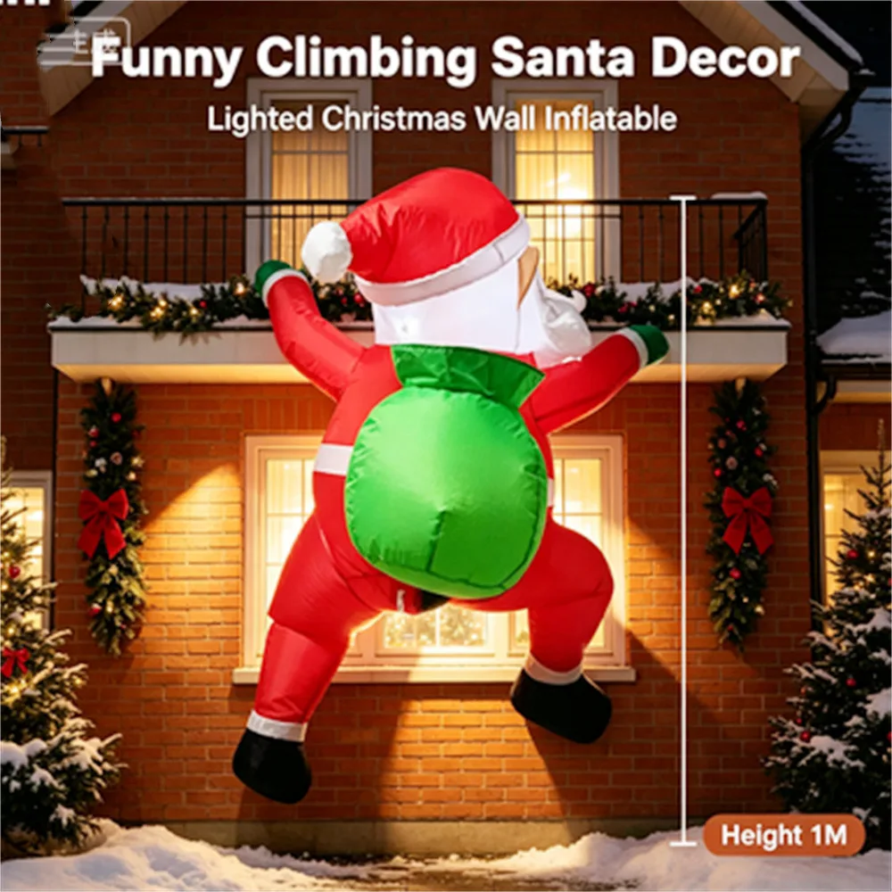 1M Funny Climbing Inflatable Santa Claus Back View With Gift Bag LED Light Up Christmas Blow Up Decoration Outdoor Wall Hanging