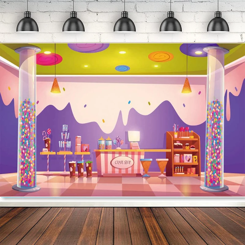 Ice Cream Shoppe Photography Backdrop Candy Shop Sweet Lollipop Chocolate Shoppe Background Girls Children Birthday Party Banner