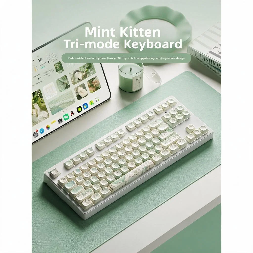 EWEADN Strawberry Cat 87 Keys Wireless Mechanical Keyboard Bluetooth Tri Mode Cute Pink Gaming Office Keyboard