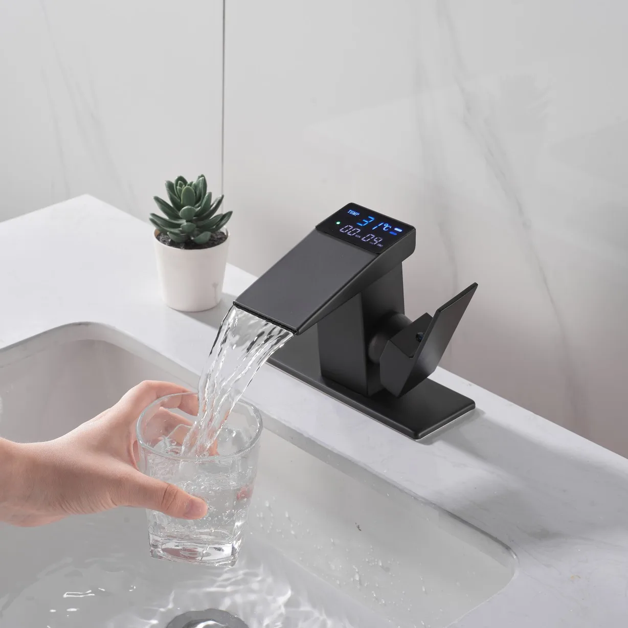 

Basin Faucet Led Temperature Digital Display Countertop Bowl Water Tap Hydroelectric Home Waterfall Faucets Hot Cold Mixer