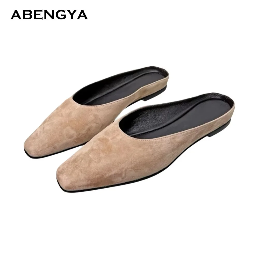 Designer New Suede Flat Heel Slippers Women Square Toe Mules Dress Shoes Summer Casual Party Banquet Shoes Women Half Slippers