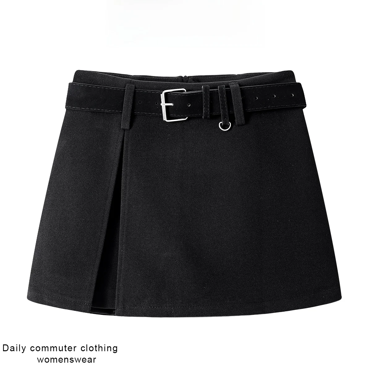 Coshehkg Korean Design Black Woolen A-Line  Skirt Women's Winter Belted Side Slit Bodycon Skirt Casual High Waist