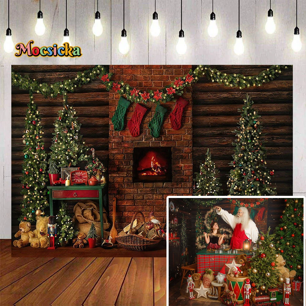 Vintage Red Brick Fireplace Backdrop Christmas Kitchen Theme Photography Backdrop Glitter Xmas Tree Toys Gift Photo Studio Booth