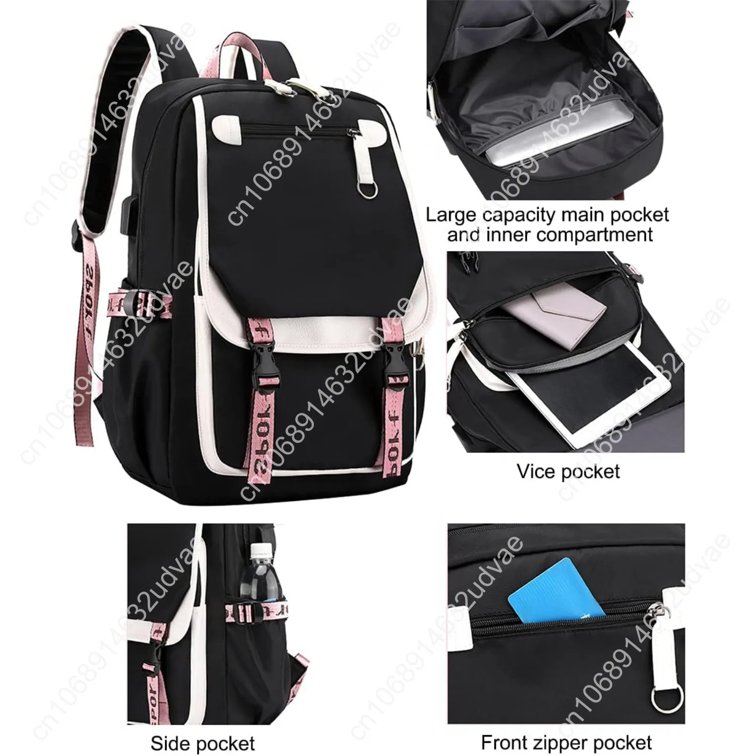 JiaYou Teenage Girls' Backpack Middle School Students Bookbag Outdoor Daypack with USB Charge Port (21 Liters, Black Pink)