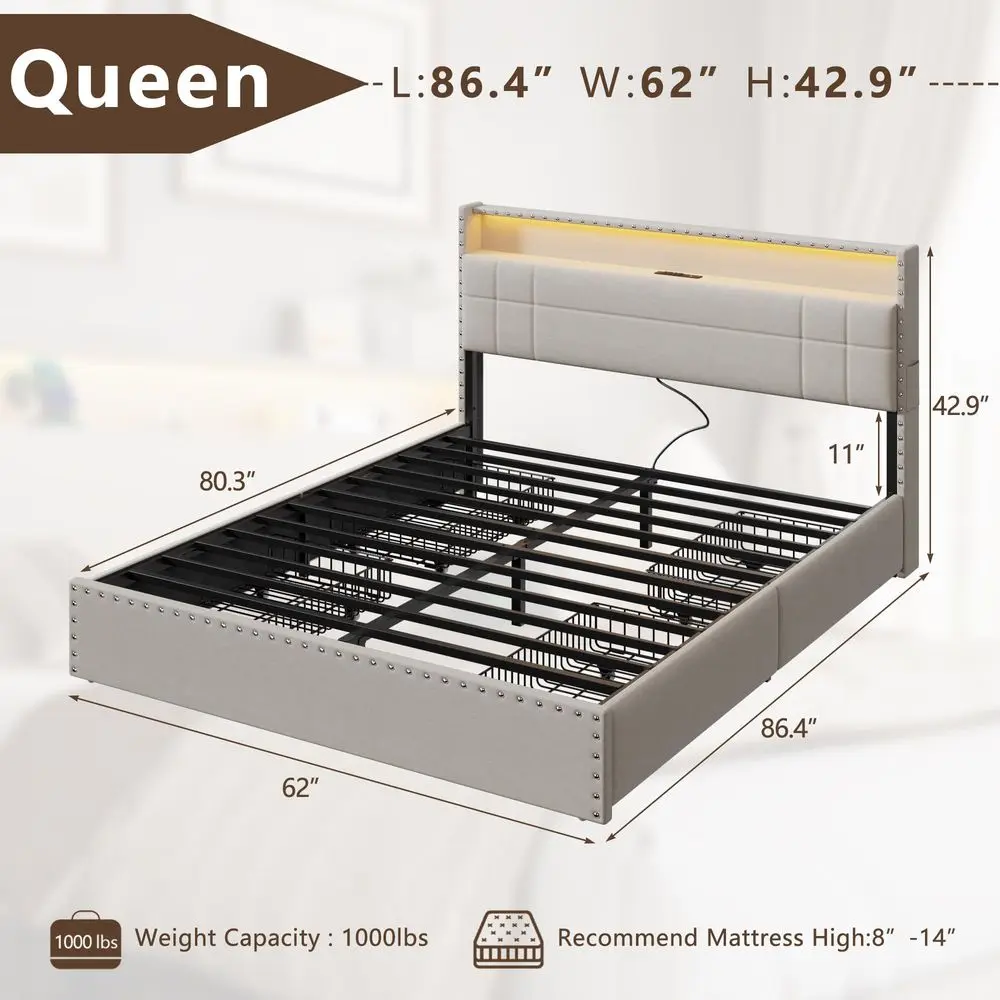 

Queen Bed Frame with 4 Drawers and Storage Headboard, Upholstered Platform Bed Frame Queen Size with LED Lights and Charging St