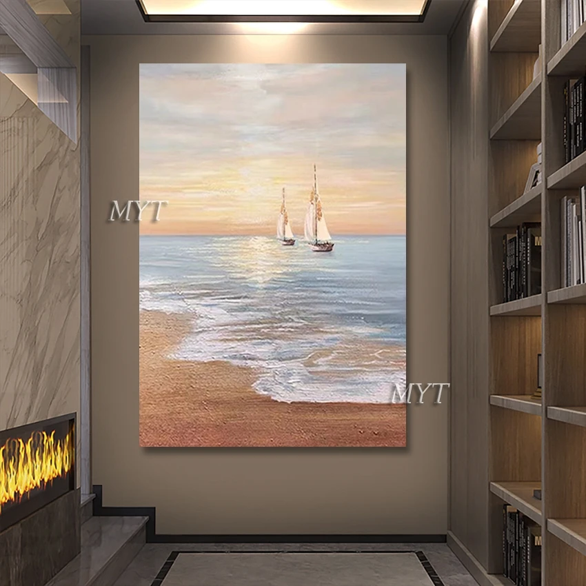 

Abstract Sunset Hand-painted Art Picture, Easy Frameless Canvas, Bedroom Wall Painting, Design Artwork of Sailboats, 3D Seascape