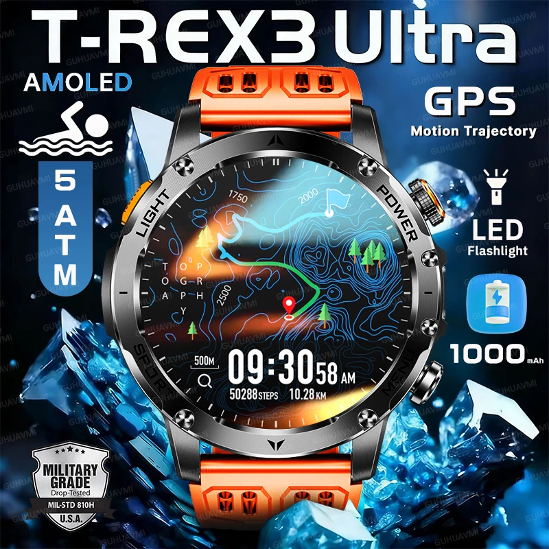 

NEW T-Rex 3 Military Tactics Smart Watch 1000Mah Battery GPS Trajectory 5ATM Waterproof LED Flashlight HD Call Swim Bracelet Man