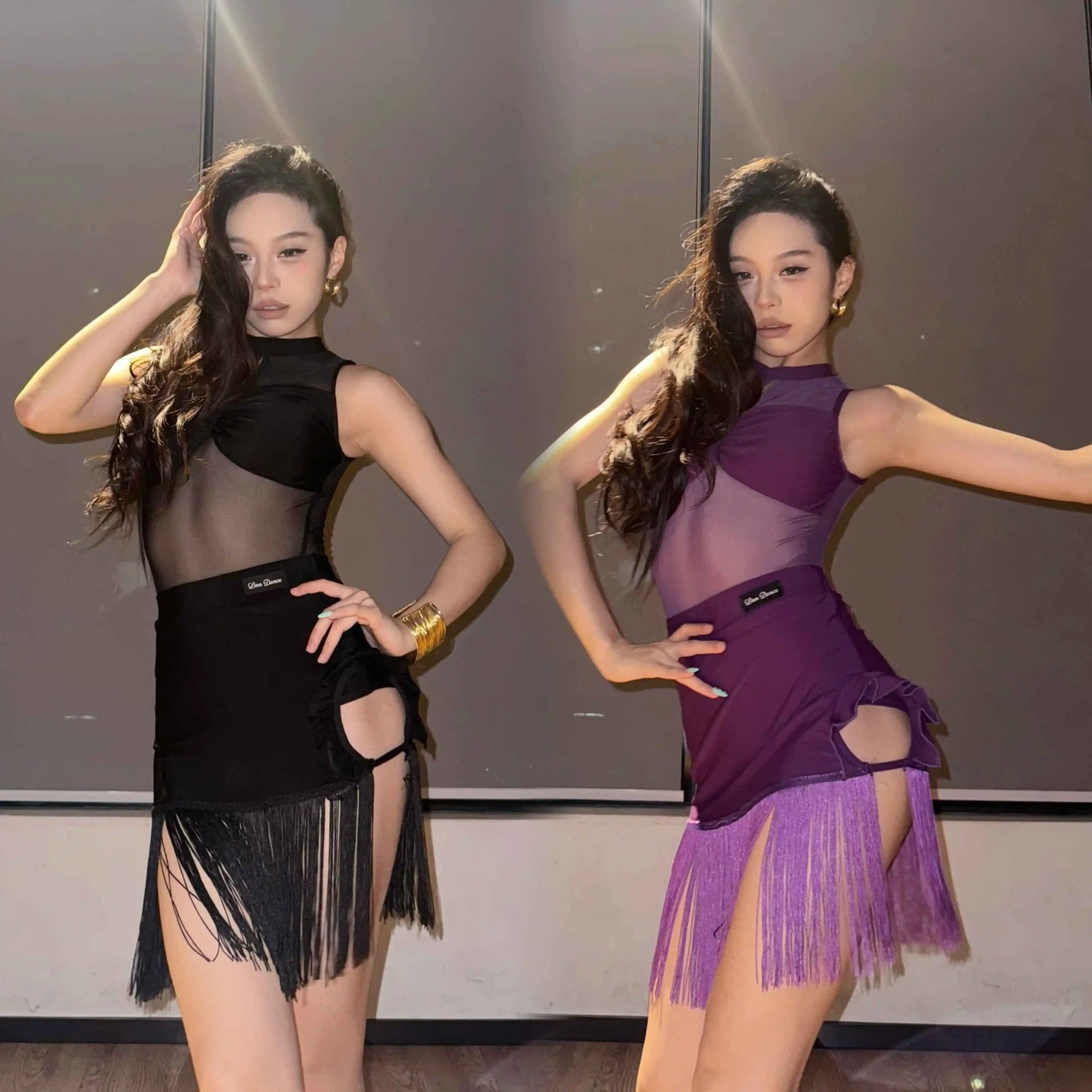 

2025 New Latin Dance Dress Women Sexy Competition Clothing Purple Black Fringe Dress Cha Cha Rumba Samba Dance Costume DNV24197
