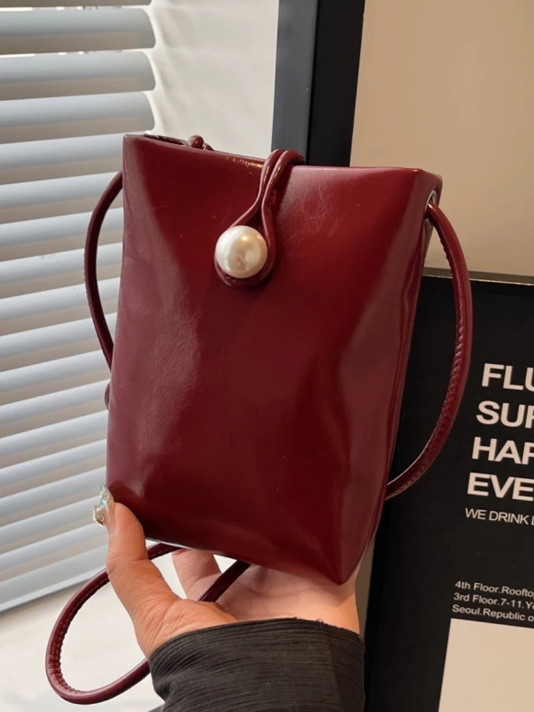 Summer Simple Wine Red Mini Crossbody Bags For Women 2024 New Cute Pearl Phone Bag Trendy Versatile Shopping Female Wallets