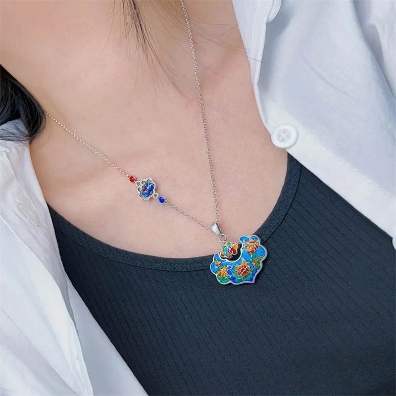 

Sterling Silver Necklace Pendant S925 For Woman Female Girl Retro Style Enamel Original Manual Popular Fashion Boutique Jewelry