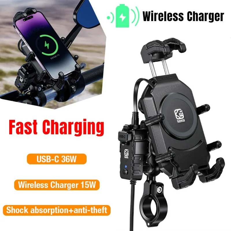 Motorcycle Wireless Phone Mount Fast Charger Stand 15W & 36W USB C Handlebar Anti-Theft Motor Bicycle Holder For 4.7-7.4