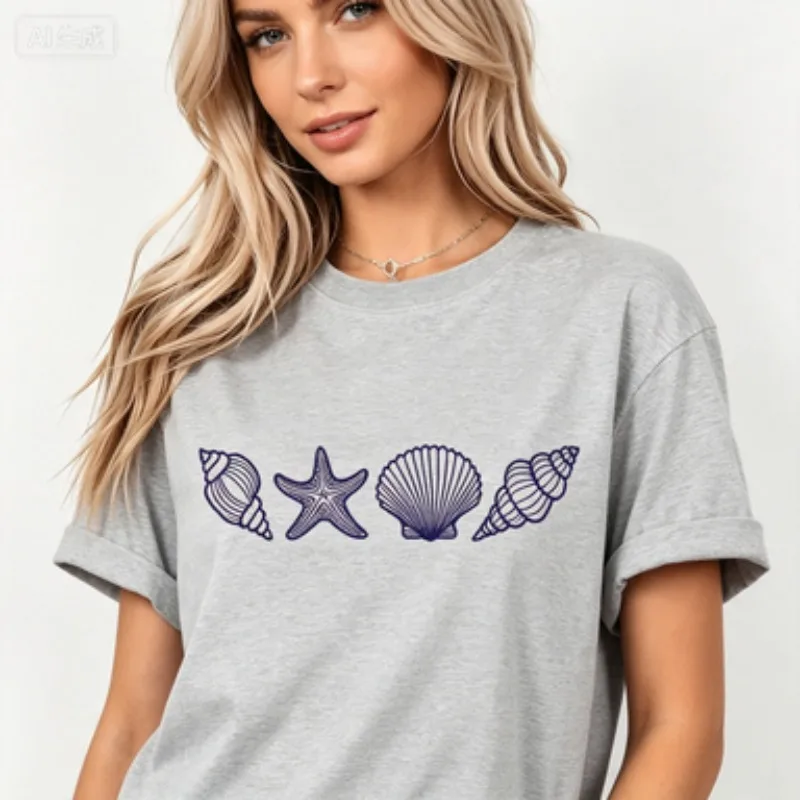 Beach Lover Women Cotton Tshirt Simple Line Drawing Seashell Starfish Conch Print Coastal Nautical Summer Casual  Sleeve Tees