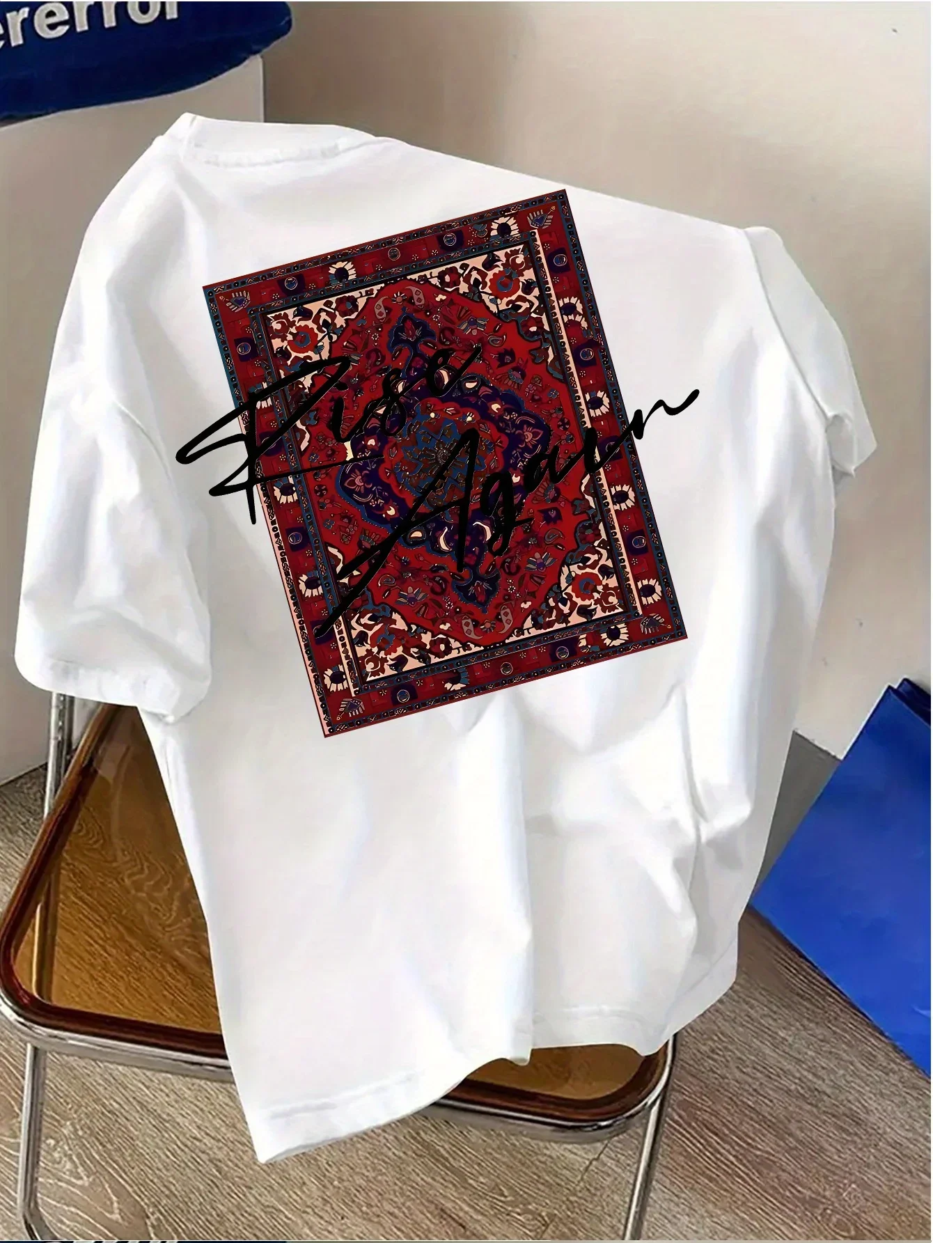 Rise Again Persian Rug Pattern Graphic Tee for Men Breathable 100% Cotton Perfect for Summer Streetwear Style
