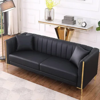 Canapé 3 places en cuir confortable avec mousse à mémoire de forme, grand canapé moderne avec coussins et pieds dorés facile