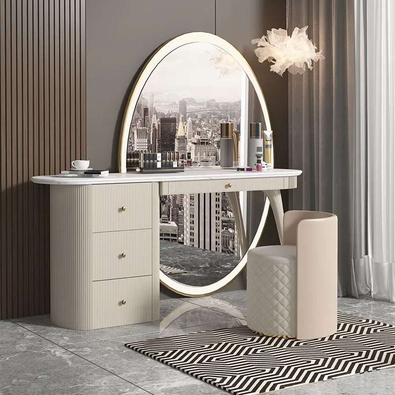 Italian Minimalist Luxury Dressing Table with Stool, Full-Length Mirror & Storage Cabinet, Modern Vanity Set for Bedroom