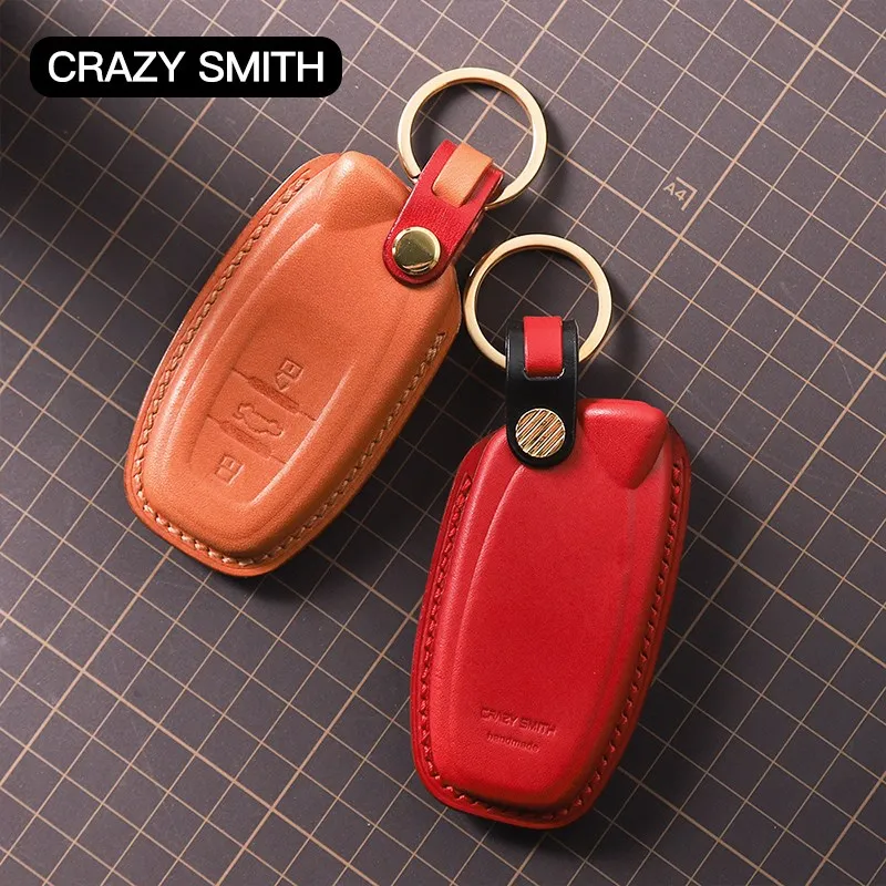 Crazy Smith Handmade Car Key Case Cover for Lamborghini Vegetable Tanned Leather Top Cowhide High Grade Fashion Gift Red Brown