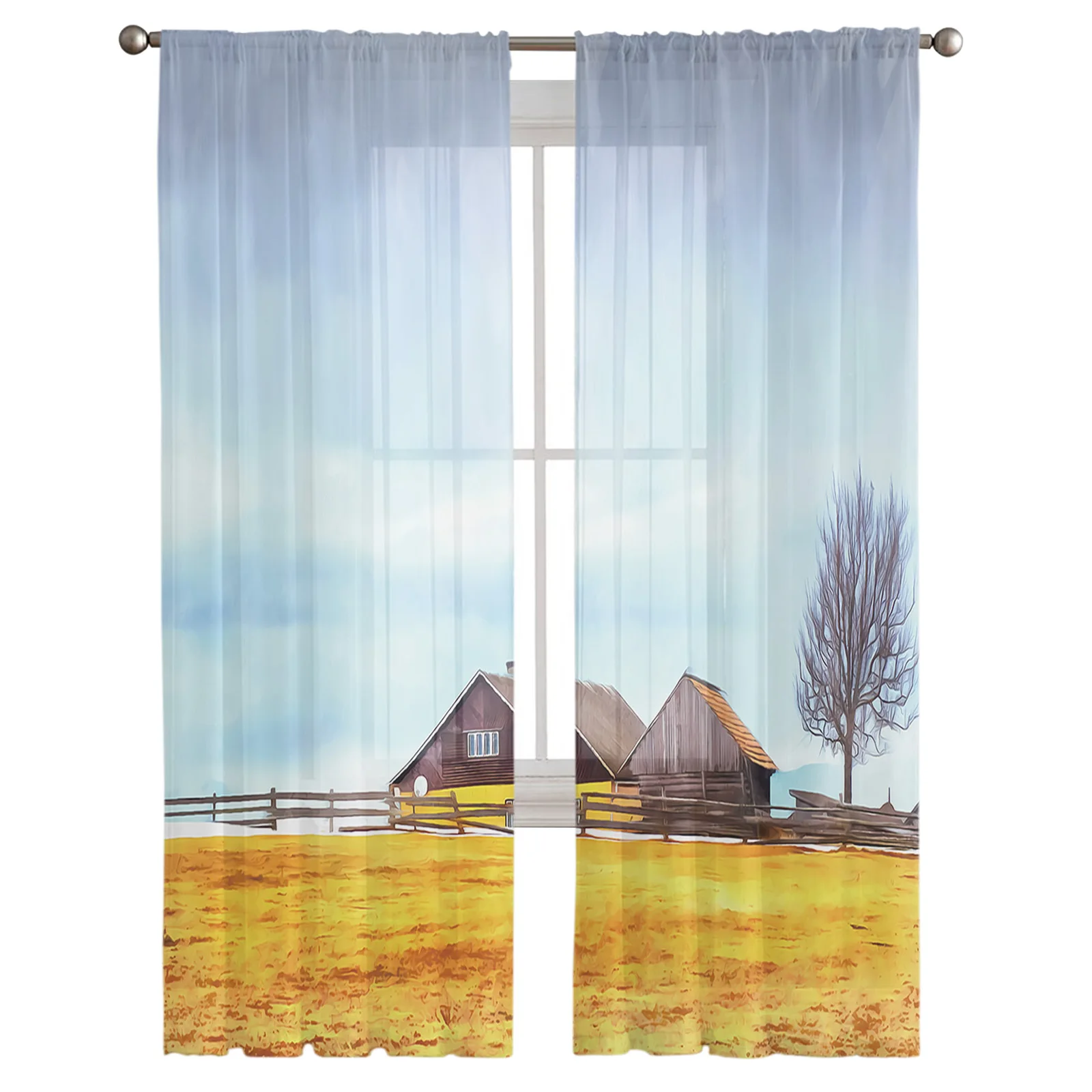 Barn House Fall Yellow Farm Sheer Curtain for Living Room Hall Wall Dress Up  Home Window Supplies Pop Print Tulle Curtains