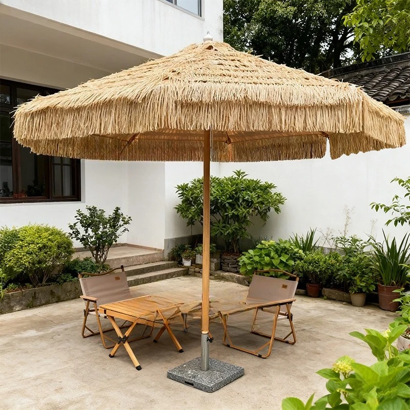 Outdoor thatch umbrella beach camping seaside villa aluminum wood grain sunscreen umbrella