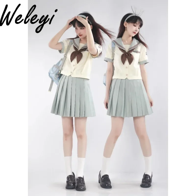 Kawaii Jirai Kei Cute Skirt Set Japanese Fashion 2024 Summer Sweet College Style Sailor Collar Short Long Sleeve Sailor Y2k Suit