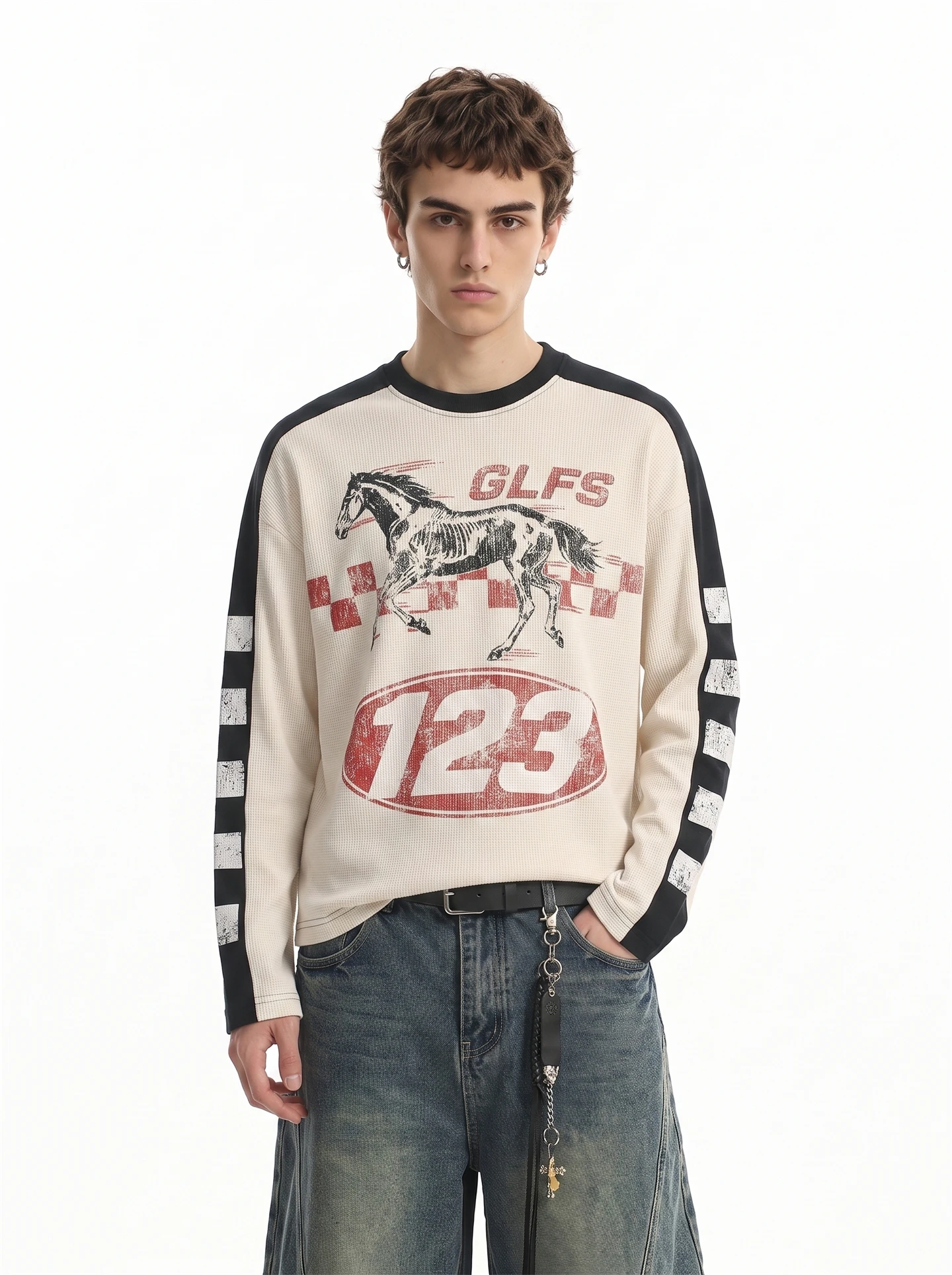 Vintage American High Street Long Sleeve T-Shirt Men's Fashion Worn-In Print Short Wideaffle Patterned Loose Fit Autumn Top