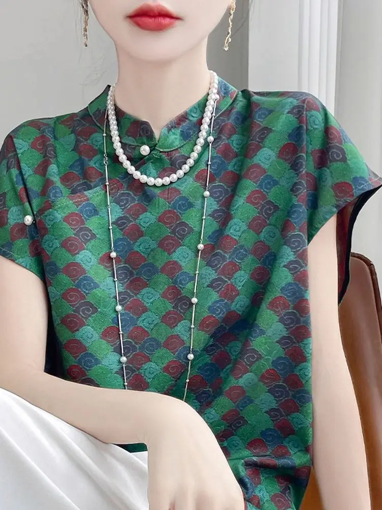 

New Chinese Sle ort Sve Printed Silk irt Stand Collar Loose Fit Women's T-irt Commute Sle Summer Breathable