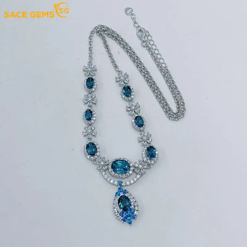 

SACE GEMS Luxury 925 Sterling Silver 7*9MM Natual London Blue Topaz Pendant Necklace for Women Cocktail Party Fine Jewelry Gift