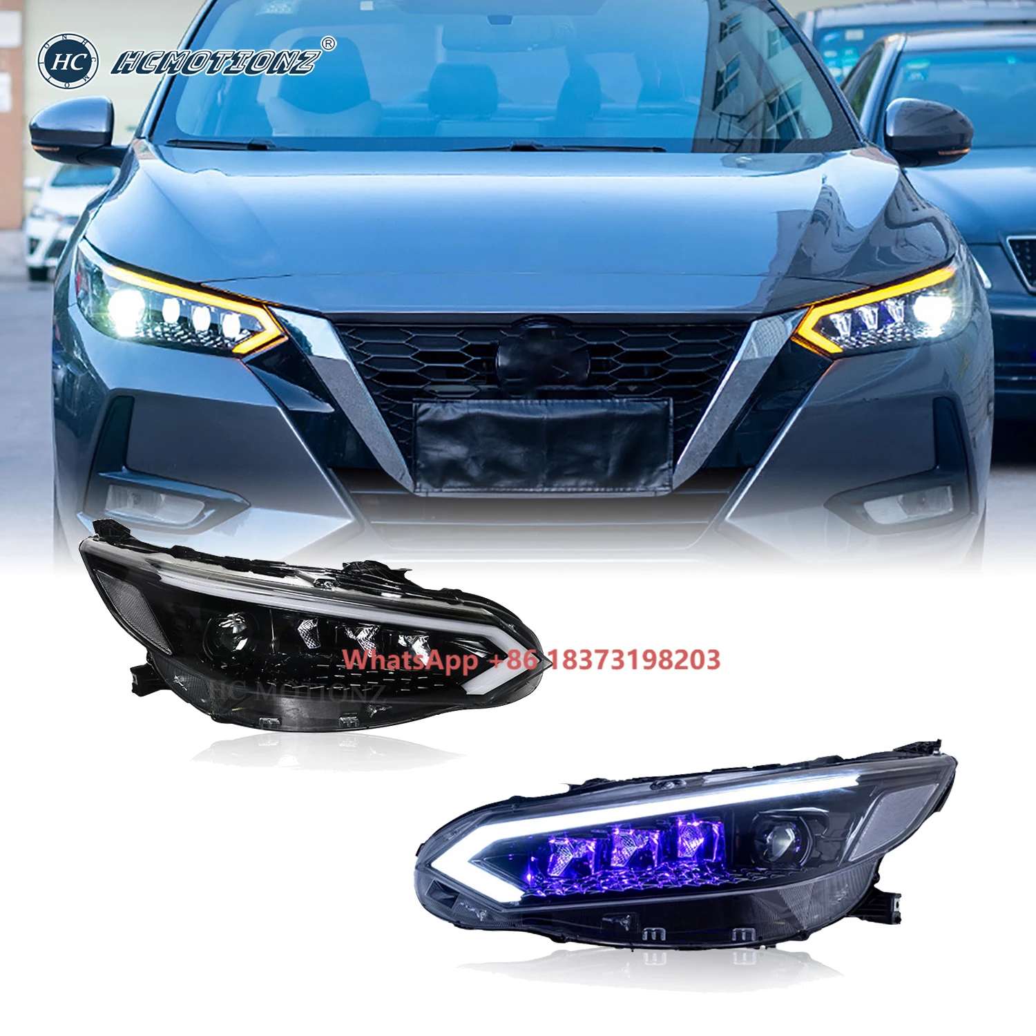 HCMOTIONZ Car LED Headlights Assembly Sentra Pulsar 2019-2023 DRL Signal Rotatable Projector Lens Front Lamps for Nissan Sylphy