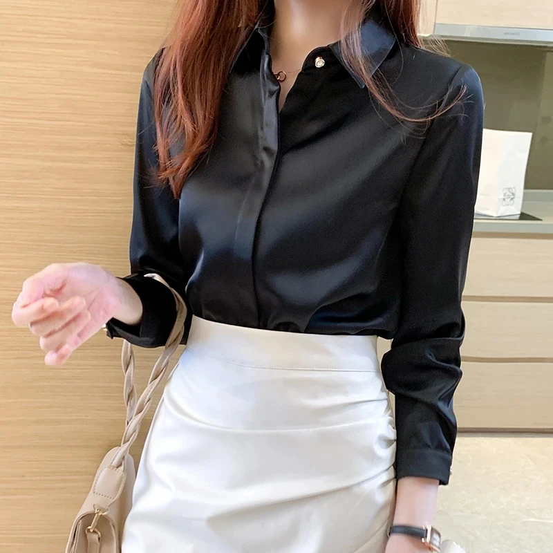 Shirts Women Long Sleeve Shirts Blouses for Women Satin Clothing Shirt Office Lady Solid Shirt Blouse 2024 Spring OL Fashion Top