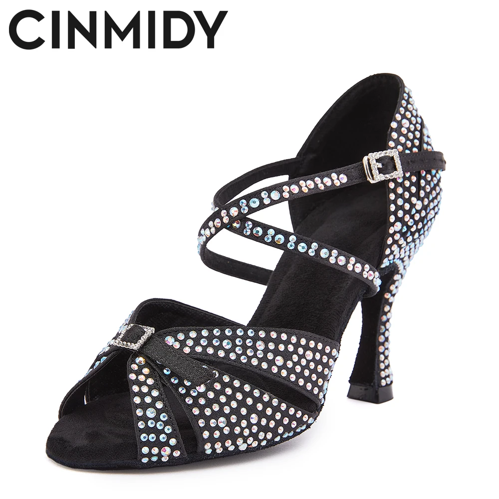 

CINMIDY Black Satin Latin Dance Shoes Adjustable Width Salsa Tango Dance Shoes Soft Sole Party Sandals Rhinestone Wedding Shoes