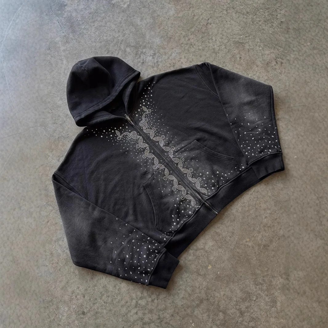 2025 Autumn New Gothic Loose Zipper Hoodie Women's Fashion Hot Diamond Pattern Street Hip Hop Hoodie Coat Y2k Streetwear Women