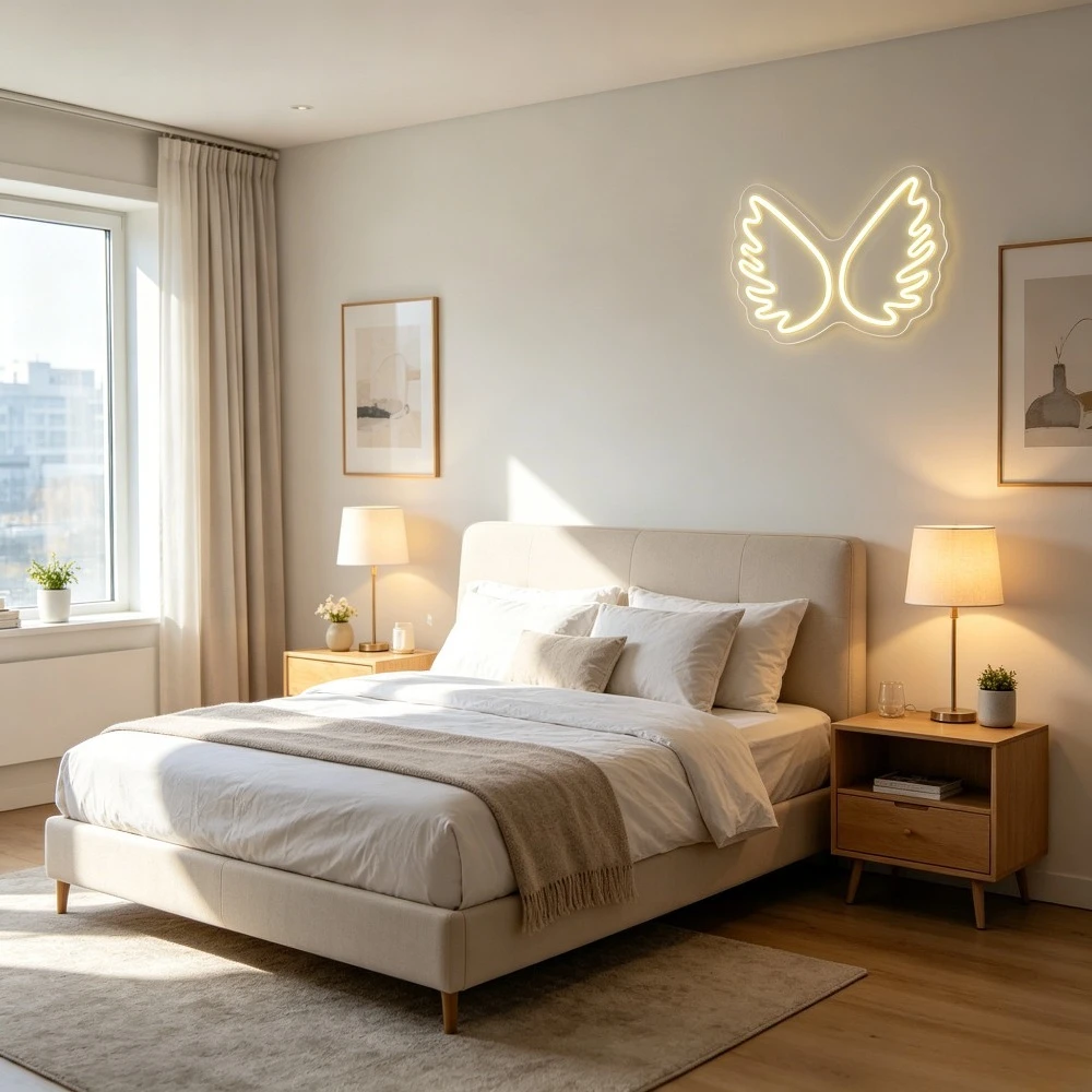 天使の羽ネオンサイン調光可能なUSBウォールライト寝室用吊り - Lighting Room Decor Photo のレビューと価格