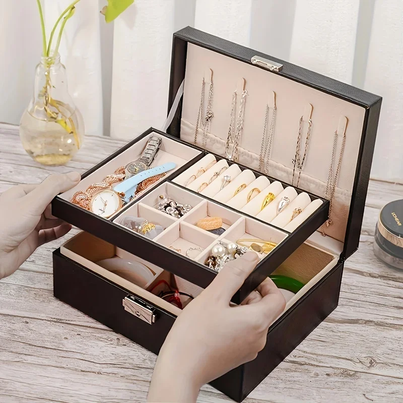 A Simple Double-Layer Jewelry Storage Box For Jewelry Cabinets, Used To Store Rings And Necklaces With Locks