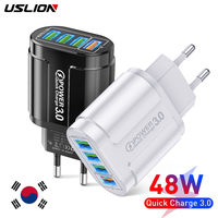 USLION 4 Ports 48W USB Charger Fast Charge QC 3.0 Wall Charging For iPhone Samsung Mobile Korean Standard Plug Adapter Travel