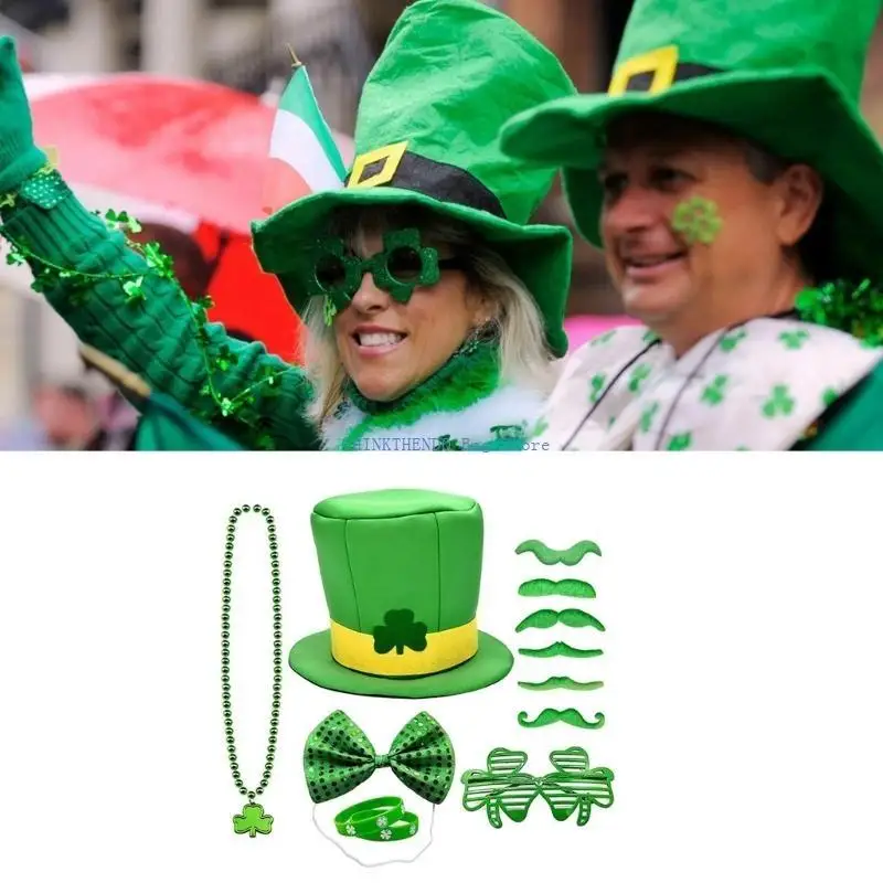 340D Delicate Shamrock Hat with Glasses Ladies Cosplay Patricks Day Party Mustache&Bangles&Beads Necklace Costume