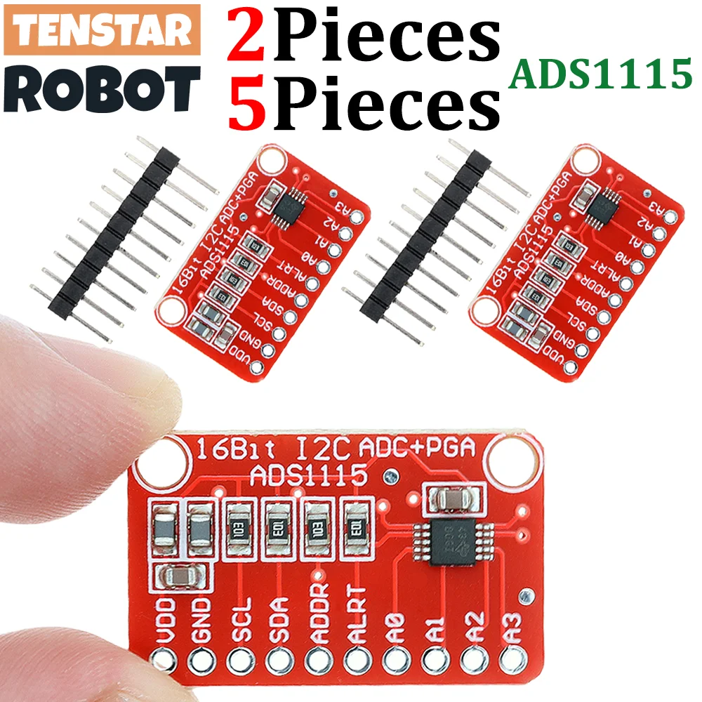 TENSTAR 2 szt./5 szt. Moduł ADS1115 Czerwona tablica 16-bitowy I2C ADC 4 kanałowy z profesjonalnym wzmacniaczem wzmocnienia
