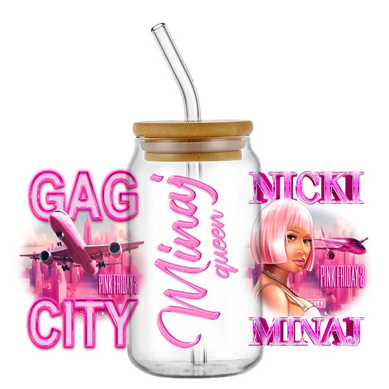 Miniso Nicki Minaj Vintage Gag City Pink Friday 2 For Libbey 16oz Can Glass 3D Waterproof UV DTF Coffee Can Wrap Libbey