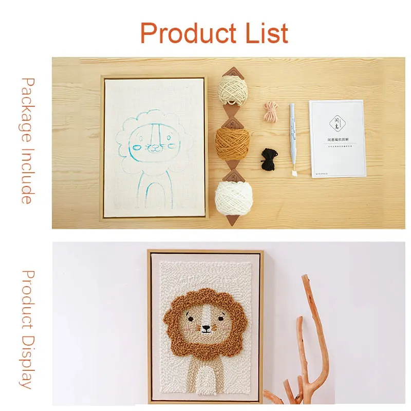 Complete Punch Needle Kit Cute Lion Rug Yarn Hooking Beginner Set With Magic Embroidery Needle Pen for Kids Adults Craft Gift
