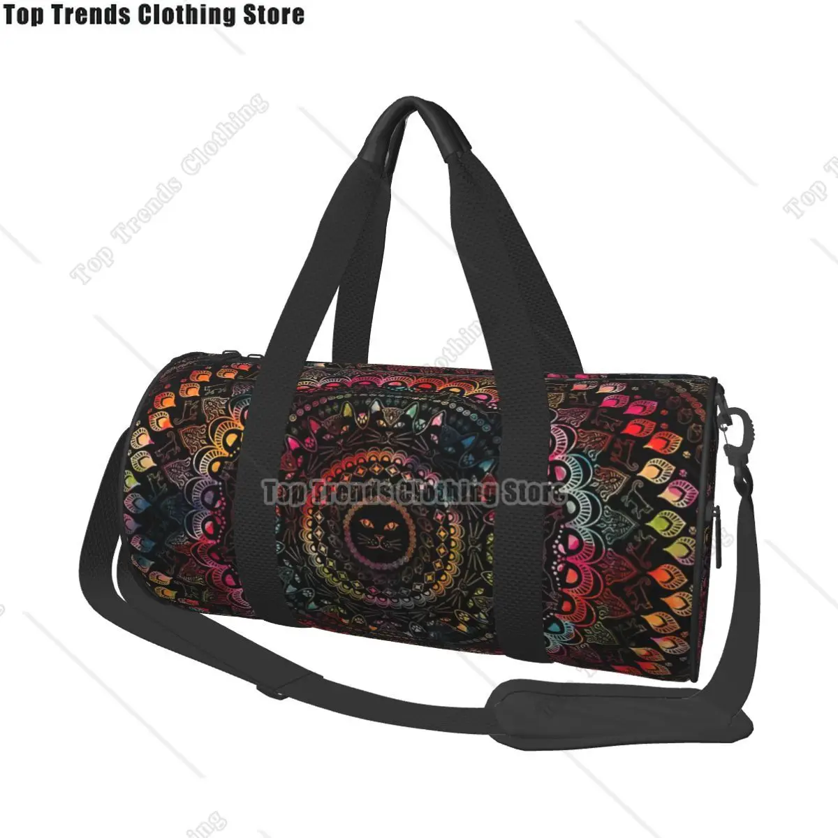 

Rainbow Cat Mandala Travel Bags Men Fitness Handbag Cylinder Shoulder Bag Women Large Travel Tote Luggage Bag