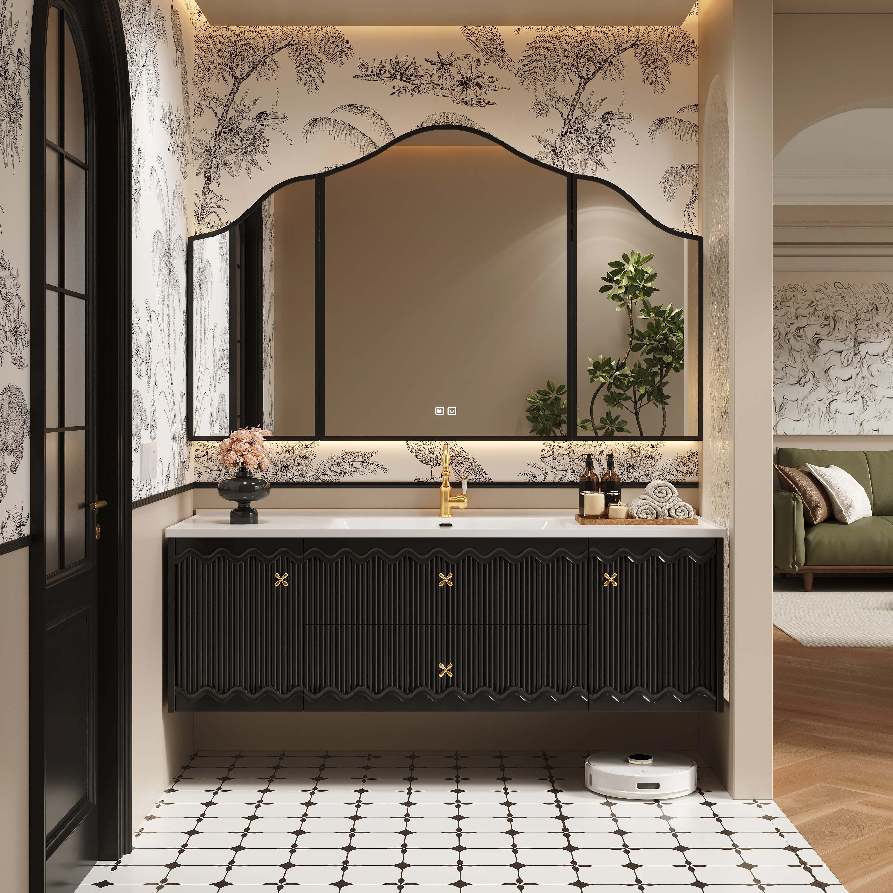 &c American-style Minimalist Luxury Solid Wood Bathroom Cabinet Smart Mirror Seamless Granite Washbasin for Hospital/Warehouse