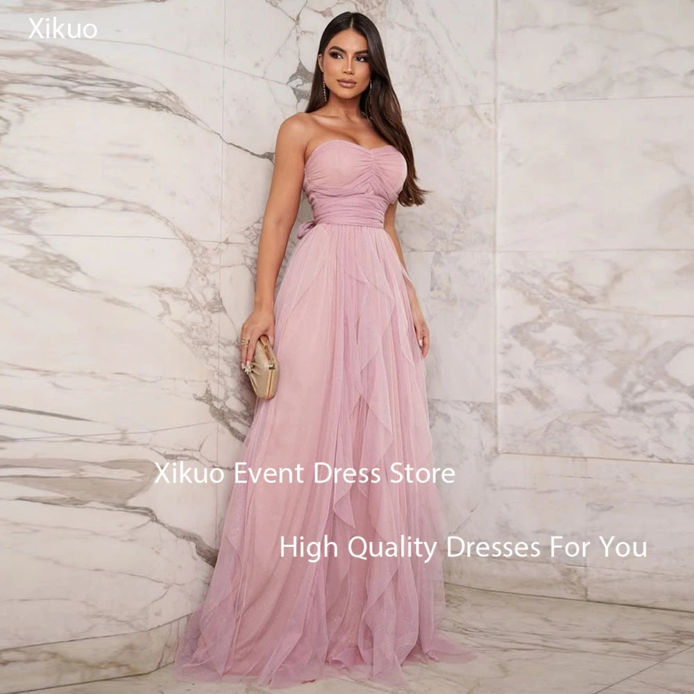 Xikuo Fashion Pink Tulle Evening Dress Women A Line Strapless Vestidos De Gala Pleated Floor Length Party Prom Gowns Customized