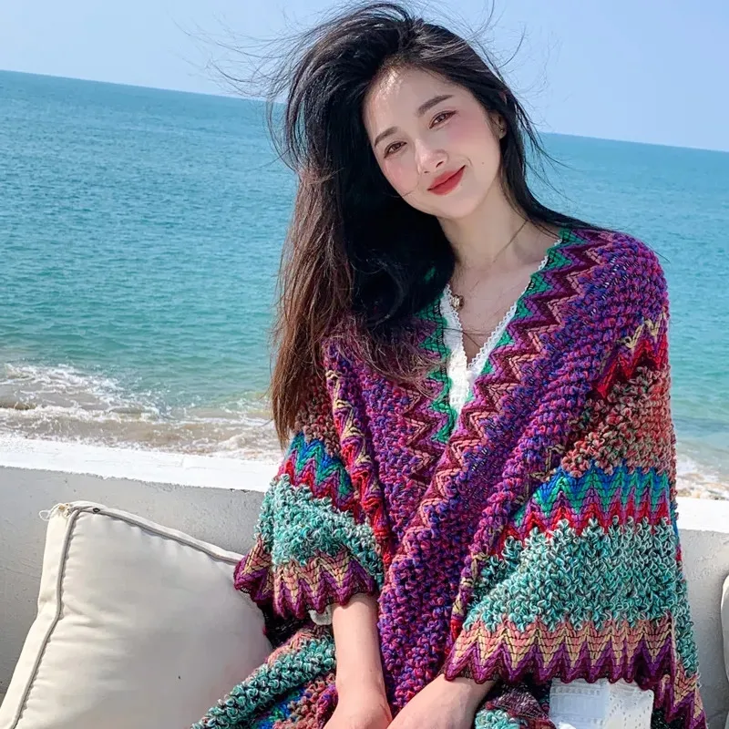 2024 New Women's Shawl Coat Tops Color Blocking Spring Autumn Winter Fashion Knitting Tourism Scarf Dual-Purpose Cape Blanket