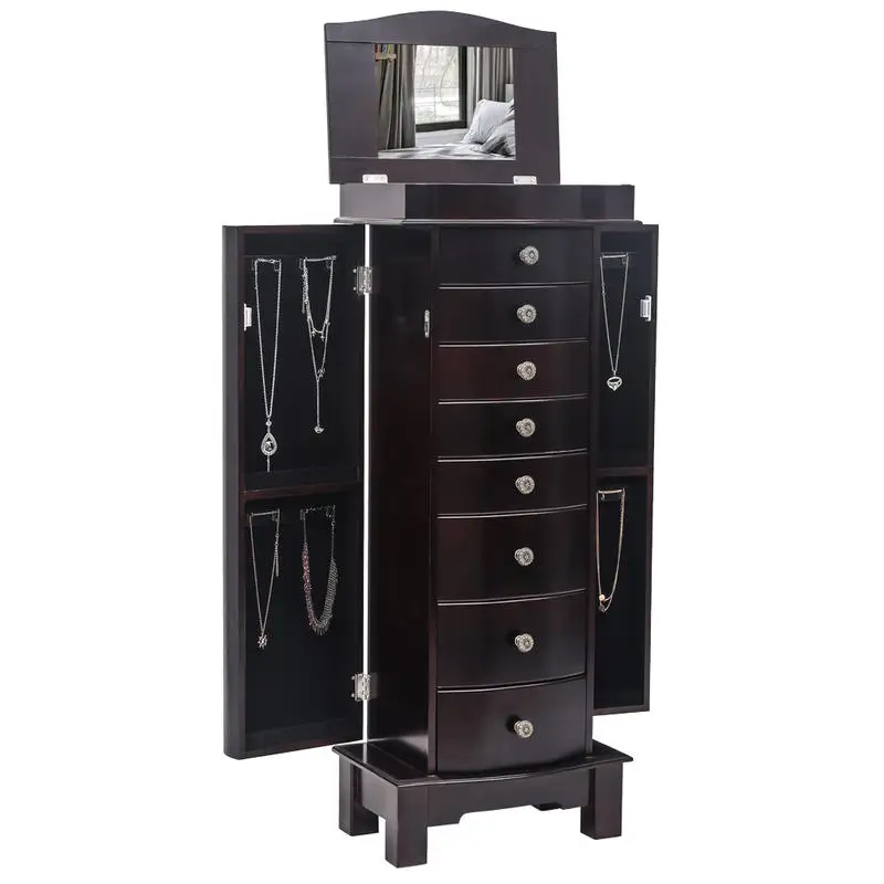 Floor-standing Eight-drawer, Nine-tier Jewelry Cabinet - Saturated Brown Cabinet Body with Beige Velvet Fabric