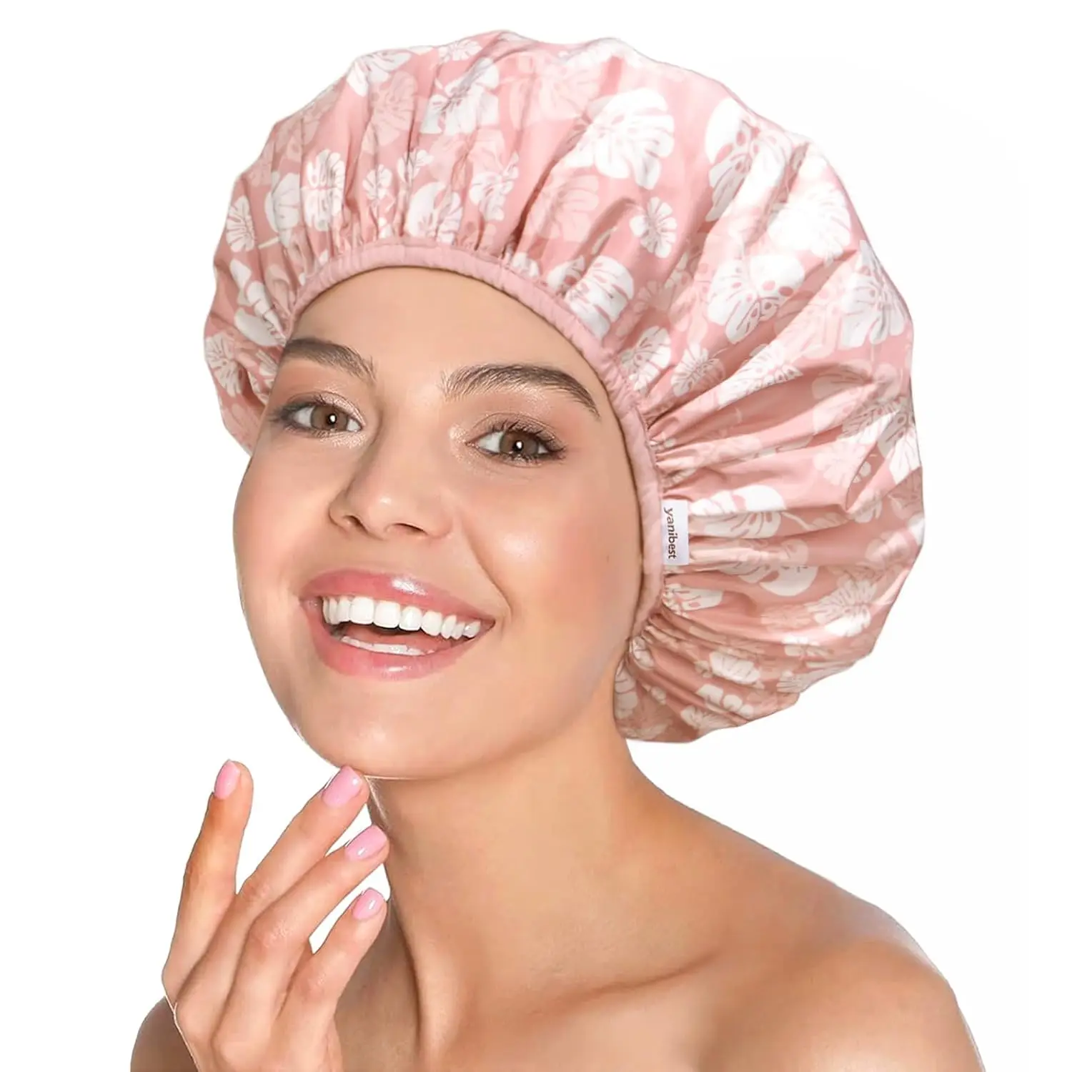 

Shower Cap Reusable Waterproof - Double Layer Shower Caps for Women, Washable Shower Bonnet with Soft Non-Slip Elastic